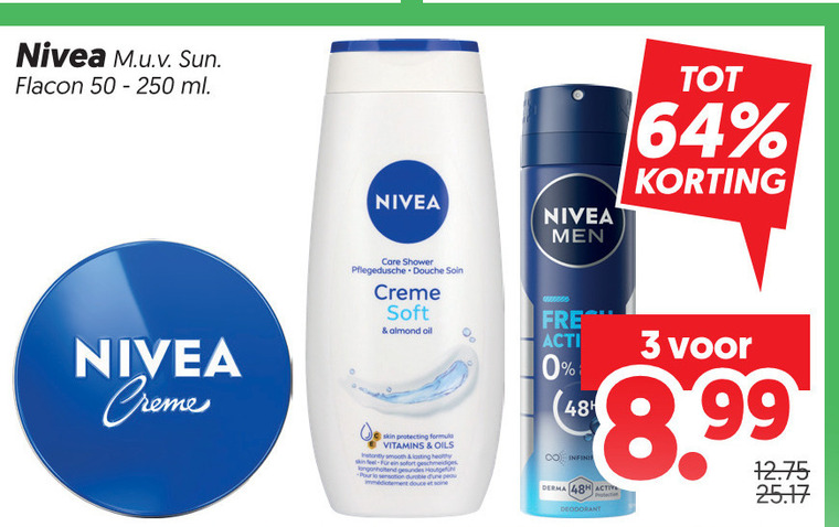 nivea deodorant douchegel shampoo 3 48 64 flacon ml creme care shower pflegedusche douche soft almond oil skin protecting formula vitamins oils instantly smooth lasting healthy feel sofort haute pour la sensation durable peau douce men acti derma activ folder aanbieding bij Dekamarkt Nivea shampoo, deodorant folder aanbieding bij Dekamarkt - details