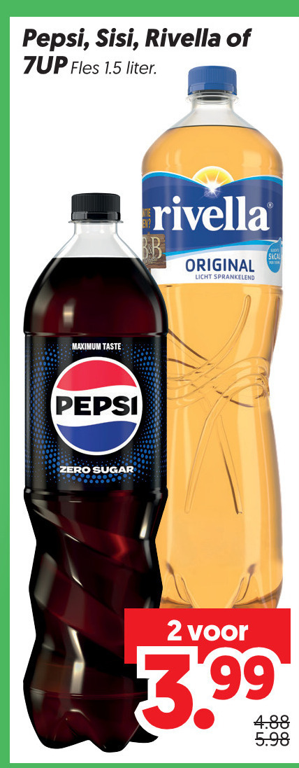 pepsi rivella 7-up sisi frisdrank cola 2 fles liter taste bb original licht sprankelend zero sugar 3.99 folder aanbieding bij Dekamarkt Rivella cola, frisdrank folder aanbieding bij Dekamarkt - details