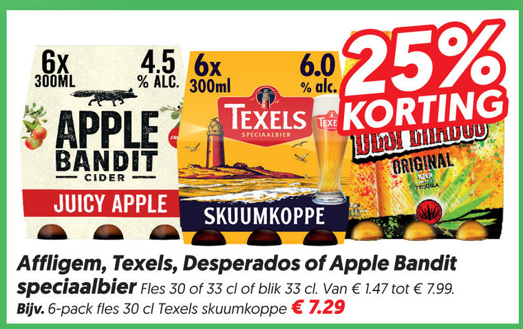 desperados apple bandit affligem texels speciaalbieren appelcider 6 30 33 6x 300ml cider speciaalbier original juicy skuumkoppe fles blik pack folder aanbieding bij Dekamarkt Affligem appelcider, speciaalbier folder aanbieding bij Dekamarkt - details