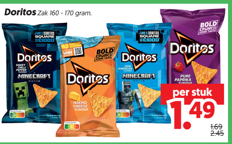 doritos chips 160 zak square sweet chilli pepper flavour minecraft movie days win every day bold crunch iconic taste same nacho cheese cool american paprika stuk folder aanbieding bij Dekamarkt Doritos chips folder aanbieding bij Dekamarkt - details