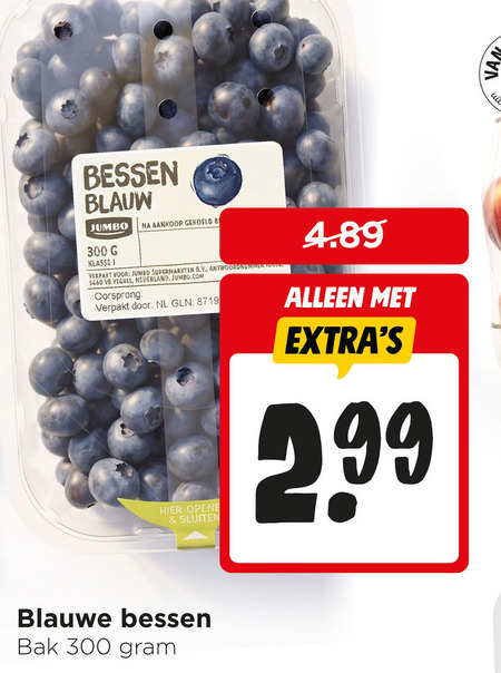 blauwe bessen 300 hit blauw gekoeld b jumbo klasse verpakt supermarkten b.v. antwoordnummer nederland oorsprong nl bak folder aanbieding bij Jumbo