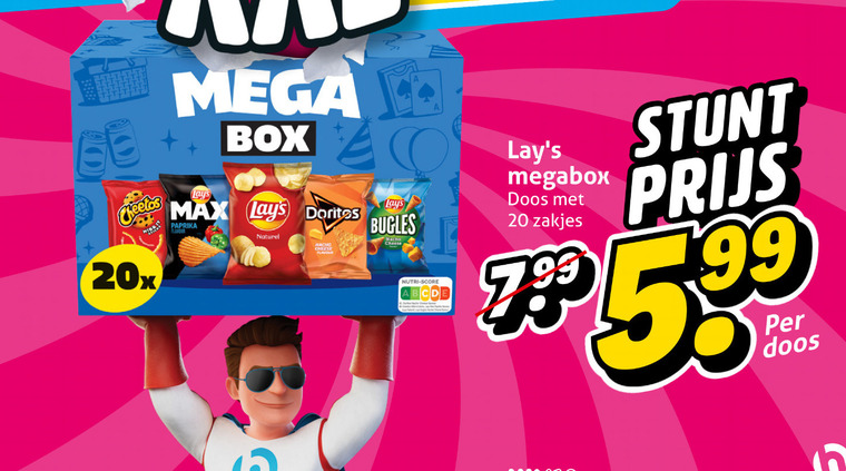 doritos lays zoutjes chips 20 cheetos 20x mega box co paprika naturel nacho cheese bugles nutri score megabox doos zakjes 5.99 folder aanbieding bij Hoogvliet Lays chips, zoutje folder aanbieding bij Hoogvliet - details