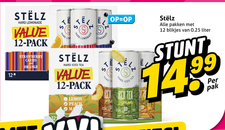 stelz hard seltzer 12 69 250 keel lemonade pack le 12x strawberry cassis and orange karbonade iced tea lemon peach mad natural pakken blikjes 0.25 liter 14 99 pak folder aanbieding bij Hoogvliet Stelz hard seltzer folder aanbieding bij Hoogvliet - details