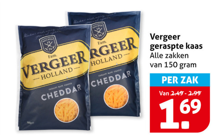 vergeer geraspte kaas 69 150 fam geraspt grated cheddar zakken zak 16 folder aanbieding bij Hoogvliet Vergeer geraspte kaas folder aanbieding bij Hoogvliet - details
