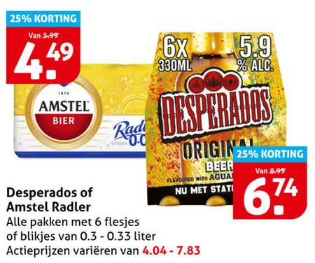 desperados amstel speciaalbieren radler bier 6 25 1870 5.99 radi citroen 6x 330ml day origin beer flavoured with pakken blikjes liter varieeren folder aanbieding bij Hoogvliet Amstel speciaalbier, radler bier folder aanbieding bij Hoogvliet - details