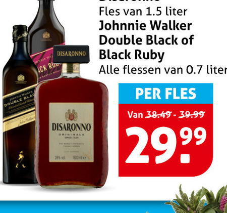johnnie walker whisky 28 1500 disaronno double fles liter black ruby flessen folder aanbieding bij Hoogvliet Johnnie Walker whisky folder aanbieding bij Hoogvliet - details