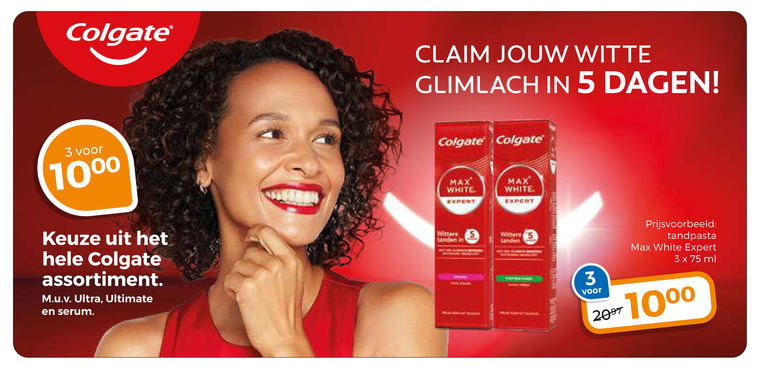 colgate tandpasta 3 5 1000 claim witte glimlach dagen assortiment ultra ultimate serum white expert banden ml 10 folder aanbieding bij Trekpleister Colgate tandpasta folder aanbieding bij Trekpleister - details