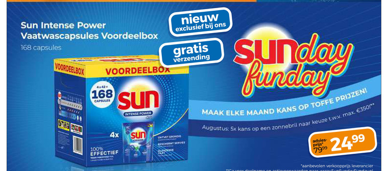 sun vaatwasmiddel 100 intense power vaatwascapsules capsules verzending 4x effectief beschermt servies glanzende sunday maand kans 5x zonnebril folder aanbieding bij Trekpleister Sun vaatwasmiddel folder aanbieding bij Trekpleister - details