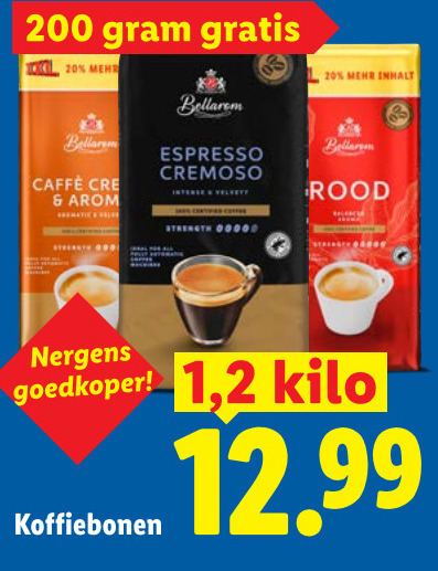 bellarom koffiebonen 20 200 l caffe espresso cremoso intense velvety rood strength goedkoper 1 2 kilo folder aanbieding bij Lidl Bellarom koffiebonen folder aanbieding bij Lidl - details