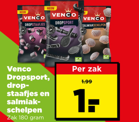 venco drop 180 dropstaafjes staafjes salmiak schelpen zak folder aanbieding bij Plus Venco drop folder aanbieding bij Plus - details