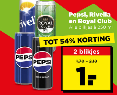 rivella royal club pepsi cola frisdrank 2 250 ginger blikjes ml zero sugar folder aanbieding bij Plus Royal Club frisdrank, cola folder aanbieding bij Plus - details