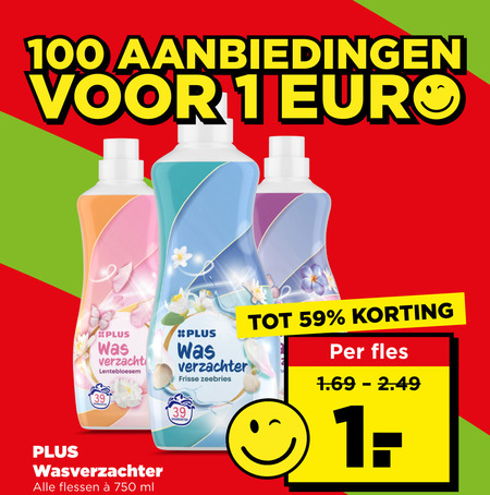 plus huismerk wasverzachter 1 100 750 verzachter frisse zeebries wasbeurten fles flessen ml folder aanbieding bij Plus Plus Huismerk wasverzachter folder aanbieding bij Plus - details
