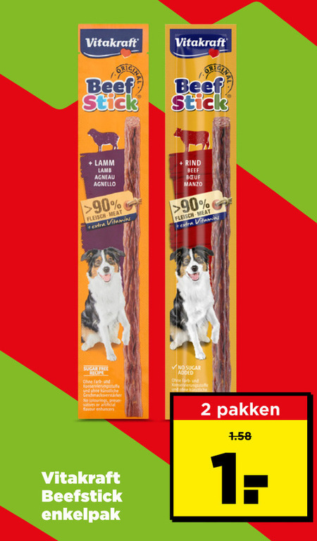 vitakraft hondensnacks 1 2 90 beef stick lamb agneau b meat vitamin vitamins sugar free recipe artificial flavour added pakken beefstick enkelpak folder aanbieding bij Plus Vitakraft hondensnacks folder aanbieding bij Plus - details