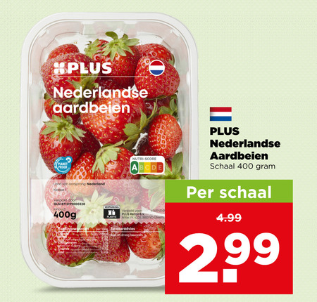 aardbeien 400 nederlandse planet proof nutri score land oorsprong nederland klasse verpakt inhoud plastic utrecht voedingswaarden 100g bewaaradvies energie koel droog koolhydraten 5 19 suikers zout 7 retail b.v. schaal 2 99 folder aanbieding bij Plus