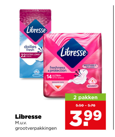 libresse inlegkruisjes maandverband 2 14 22 dailies fresh liners freshness protection ultra with wings regular flow breathable top layer securefit pakken 3 99 folder aanbieding bij Plus Libresse maandverband, inlegkruisjes folder aanbieding bij Plus - details