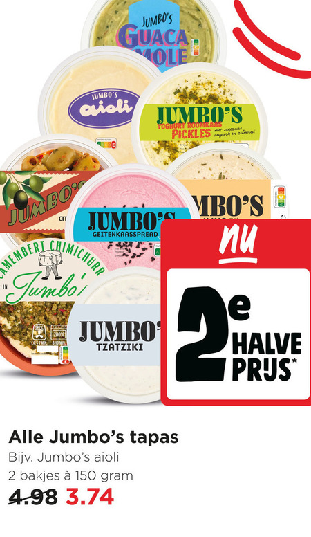 tapas 2 150 aioli pickles augurk yoghurt roomkaas zoetzure jumbo min tzatziki halve bakjes folder aanbieding bij Jumbo