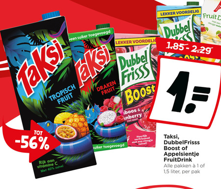 taksi dubbelfrisss appelsientje fruitdrank 1 40 suiker tropisch fruit draken dubbel frisss boost appel vleugje zuivel rijk vitamine verfrissend fruitdrink pakken 5 liter pak folder aanbieding bij Jumbo Dubbelfrisss fruitdrank folder aanbieding bij Jumbo - details