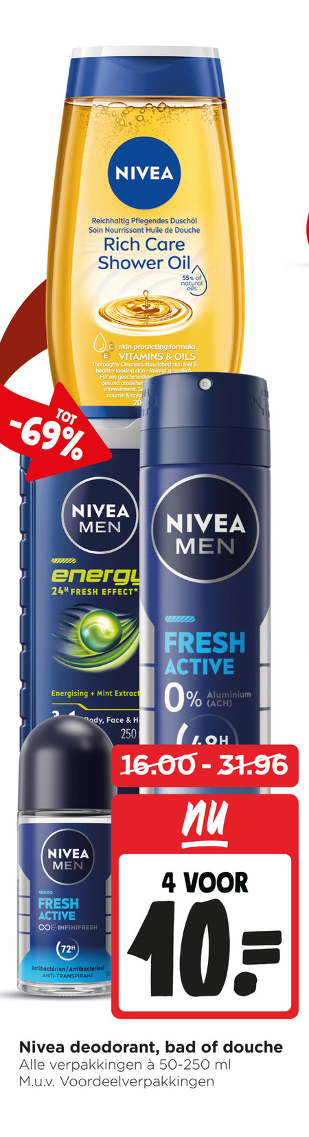 nivea deodorant douchegel 4 10 20 50 55 250 nourrissant huile douche care shower oil natural oils skin protecting formula vitamins cleanses feel healthy reinigt rayo men energy fresh effect energising mint extract body face active co 72h antibacterieel anti transpirant aluminium bad ml folder aanbieding bij Jumbo Nivea deodorant, douchegel folder aanbieding bij Jumbo - details