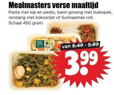 surinaamse maaltijd 450 verse pasta kip pesto bami goreng buikspek rendang roti schaal 3.99 folder aanbieding bij Dirk