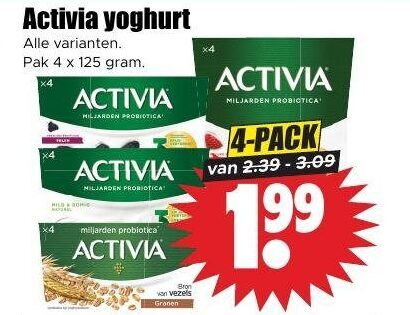 danone activia vruchtenyoghurt 4 yoghurt pak x4 miljarden probiotica pack vezels granen folder aanbieding bij Dirk Danone Activia vruchtenyoghurt folder aanbieding bij Dirk - details