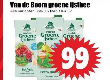 van de boom ice tea 99 groene ijsthee pak liter troebele bosfruit peer vleugje folder aanbieding bij Dirk Van de Boom ice tea folder aanbieding bij Dirk - details