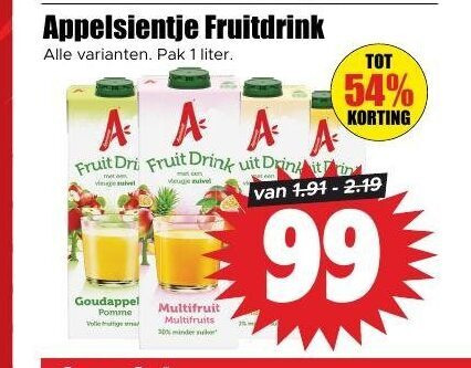 appelsientje fruitdrank 1 99 300 fruitdrink pak liter fruit drink it goudappel pomme multifruit multifruits minder folder aanbieding bij Dirk Appelsientje fruitdrank folder aanbieding bij Dirk - details