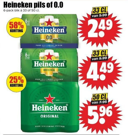 heineken 0.0 blikjes bier 6 25 33 50 pils pack blik puur out 5.99 original gerstemout pilsener helder folder aanbieding bij Dirk Heineken 0.0 blikje bier folder aanbieding bij Dirk - details
