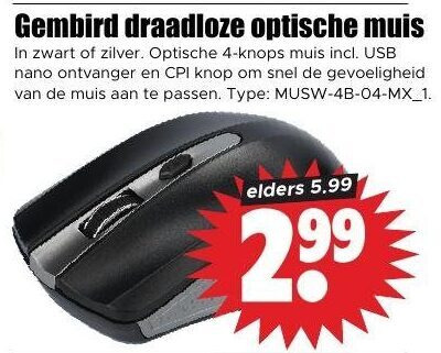muis 4 draadloze optische zwart zilver knops usb nano ontvanger cpi knop gevoeligheid passen 1 elders 5.99 folder aanbieding bij Dirk