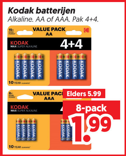 kodak batterijen 4 8 10 alkaline aa aaa pak pack super 8x year elders 5.99 1 99 folder aanbieding bij Dekamarkt Kodak batterij folder aanbieding bij Dekamarkt - details