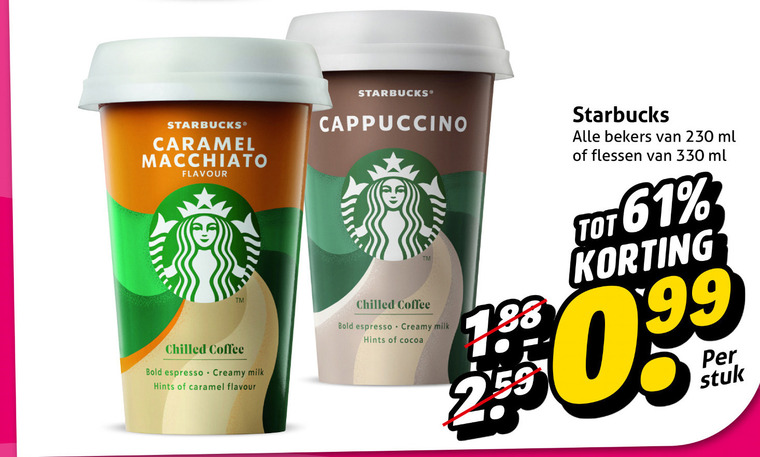 starbucks ijskoffie 330 caramel macchiato flavour chilled coffee bold espresso creamy milk hints cappuccino cocoa bekers ml flessen 40 99 stuk folder aanbieding bij Hoogvliet Starbucks ijskoffie folder aanbieding bij Hoogvliet - details
