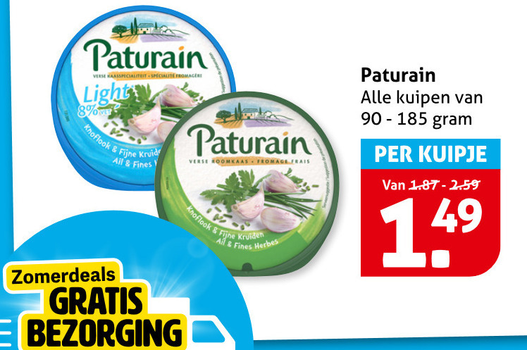 paturain roomkaas 8 verse kaasspecialiteit specialite light knoflook fijne kruid finest fromage frais kruiden all kuipje folder aanbieding bij Hoogvliet Paturain roomkaas folder aanbieding bij Hoogvliet - details