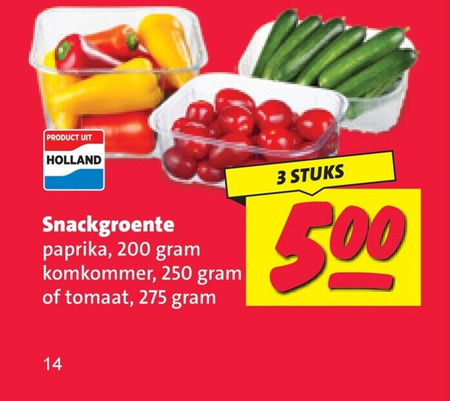 snackkomkommer cherry tomaten 3 14 200 250 500 holland snackgroenten paprika komkommer tomaat stuks folder aanbieding bij Nettorama