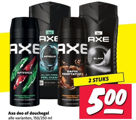 axe deodorant douchegel 2 500 africa apollo all day feel clean deo 150 250 ml dark temptation stop black stuks folder aanbieding bij Nettorama Axe deodorant, douchegel folder aanbieding bij Nettorama - details