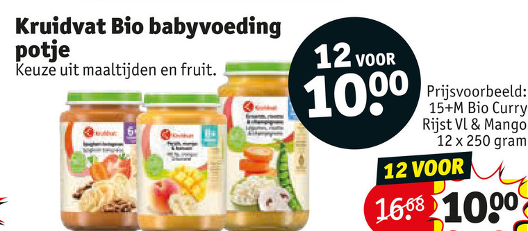 kruidvat huismerk babyvoeding 12 15 250 1000 bio potje maaltijden fruit curry rijst mango folder aanbieding bij Kruidvat Kruidvat Huismerk babyvoeding folder aanbieding bij Kruidvat - details