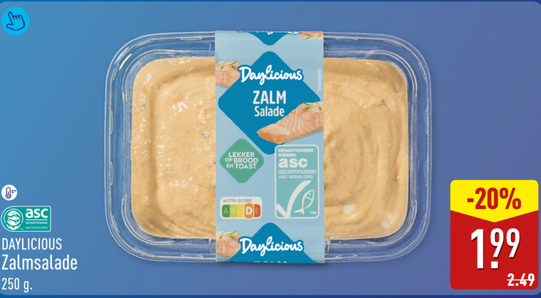 salade 250 zalm brood toast kweek gecertificeerd asc-aqua.org nutri score zalmsalade folder aanbieding bij Aldi