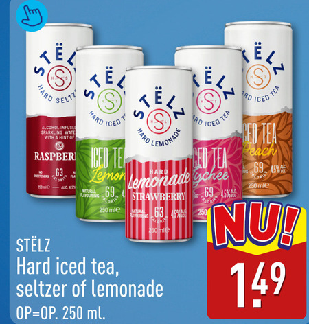 stelz hard seltzer 45 69 250 alcohol infused sparkling with hint sweeteners iced lemon natural karbonade tea red lemonade lychee strawberry ml each folder aanbieding bij Aldi Stelz hard seltzer folder aanbieding bij Aldi - details