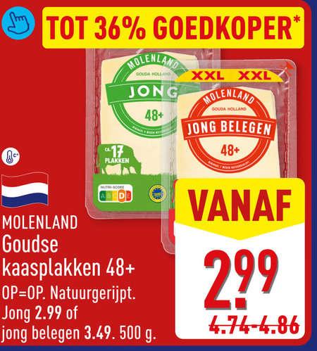 kaasplakken 36 500 goedkoper nutri score molenland goudse 48 natuurgerijpt jong gouda holland belegen xxl folder aanbieding bij Aldi