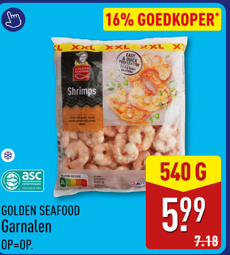 garnalen 16 goedkoper l xxl easy quick preparation arm shrimps gecertificeerd asc-aqua.org without tall cooked removable frozen nutri score golden seafood folder aanbieding bij Aldi