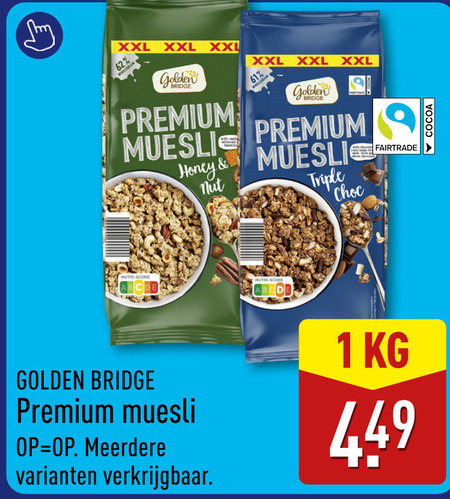 muesli 1 am xxl golden bridge premium honey triple choc fairtrade cocoa meerdere folder aanbieding bij Aldi