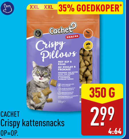 kattensnacks 1 35 350 xxl goedkoper cachet snacks crispy pillows kip kaas poulet fromage knapperig buiten zacht binnen croustillant tendre toegevoegde sans sucres verrijkt vitamines gevogelte minder moins kleur smaakstoffen armes ge folder aanbieding bij Aldi