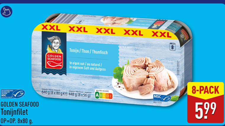 tonijn in blik 8 80 xxl golden seafood thon nat naturel gecertificeerd duurzame visserij www.msc.org nl tonijnfilet nettogewicht poids pack nutri score folder aanbieding bij Aldi