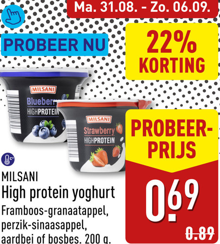 milsani vruchtenyoghurt 22 200 high protein yoghurt framboos granaatappel perzik sinaasappel aardbei bosbes folder aanbieding bij Aldi Milsani vruchtenyoghurt folder aanbieding bij Aldi - details