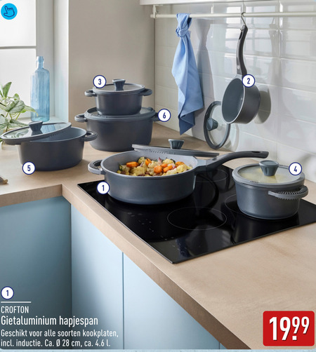 hapjespan 1 2 3 4 5 6 28 gietaluminium soorten kookplaten inductie ca. cm l folder aanbieding bij Aldi
