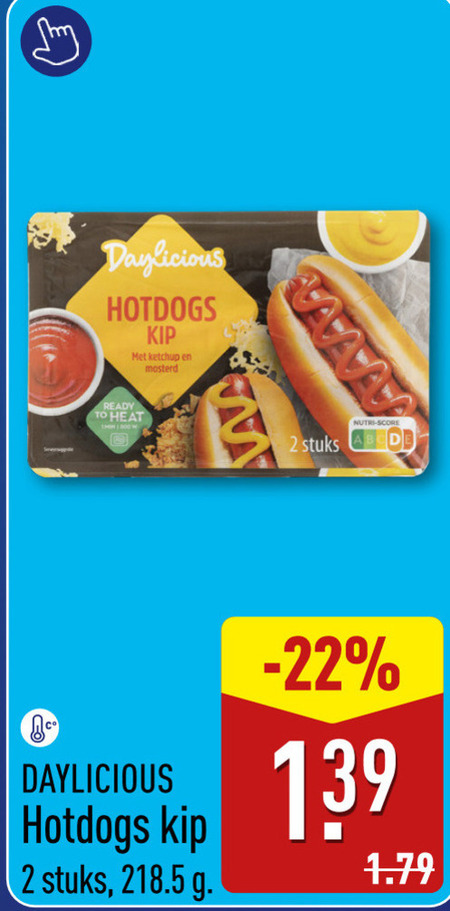 hartige broodjes 2 hotdogs kip ketchup mosterd ready to heat stuks nutri score folder aanbieding bij Aldi