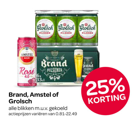 brand grolsch amstel blikjes bier 25 rosee pilsener srand blikken gekoeld varieeren folder aanbieding bij Spar Brand blikje bier folder aanbieding bij Spar - details