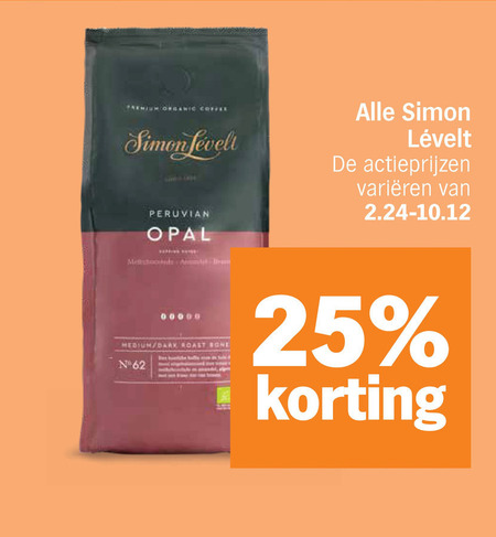 simon levelt koffiebonen 25 organic coffee anti medium dark roast bone varieeren folder aanbieding bij Albert Heijn Simon Levelt koffiebonen folder aanbieding bij Albert Heijn - details