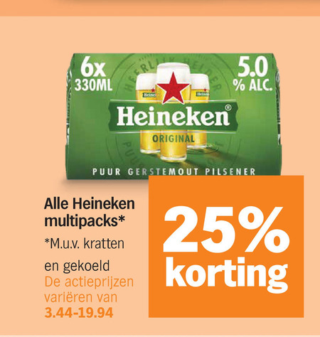 heineken blikjes bier 25 6x 330ml original puur gerstemout pilsener multipacks m.u.v kratten gekoeld varieeren folder aanbieding bij Albert Heijn Heineken blikje bier folder aanbieding bij Albert Heijn - details