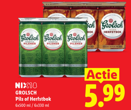 grolsch blikjes bier meesterschap premium pilsner rijke herfstbok nix18 pils ml zachtzoet rijk 5.99 folder aanbieding bij Lidl Grolsch blikje bier folder aanbieding bij Lidl - details
