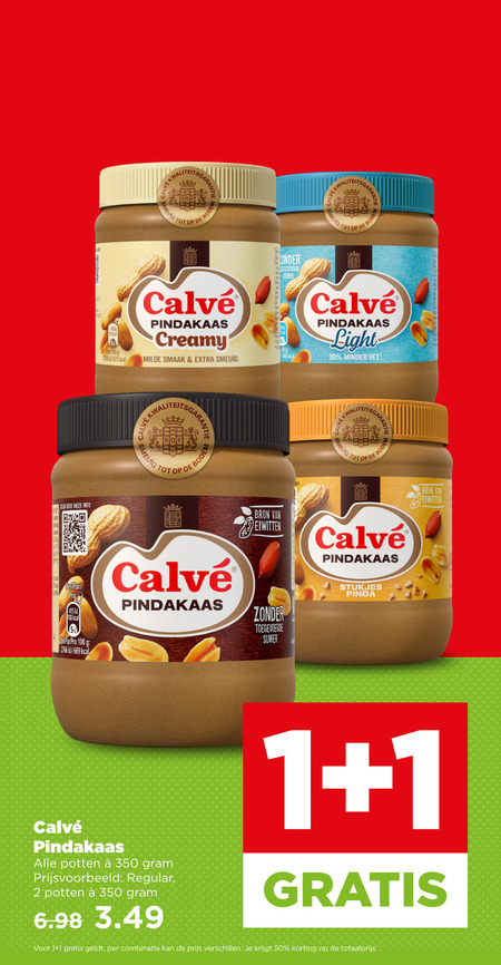 calve pindakaas 1 2 5 30 50 100 101 350 info smeuig top bodem 100g creamy milde suiker eiwitten light minder vet pro toegevoegde stukjes pinda potten regular combinatie folder aanbieding bij Plus Calve pindakaas folder aanbieding bij Plus - details