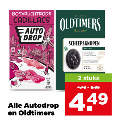 autodrop oldtimers drop snoep 2 bosvruchtrode cadillacs auto anno scheepsknopen volzoet zoethout arabische kleur smaakstoffen stuks 4 folder aanbieding bij Plus Oldtimers snoep, drop folder aanbieding bij Plus - details